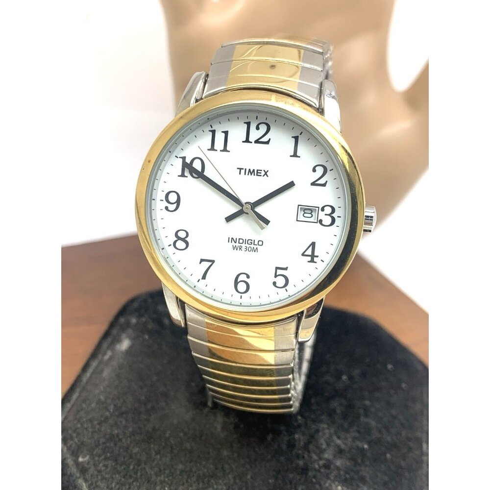 Timex Men's Watch T2H311 Indiglo White Dial Quartz Two Tone Expansion Band 35mm